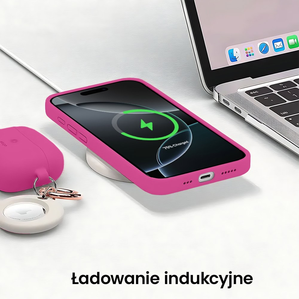 Etui do iPhone 16 Pro Max silikonowe z mikrofibrą soft touch z osłoną na aparat, malinowe