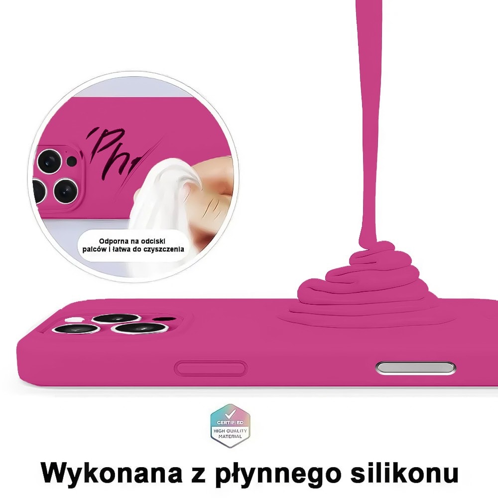 Etui do iPhone 16 Pro Max silikonowe z mikrofibrą soft touch z osłoną na aparat, malinowe
