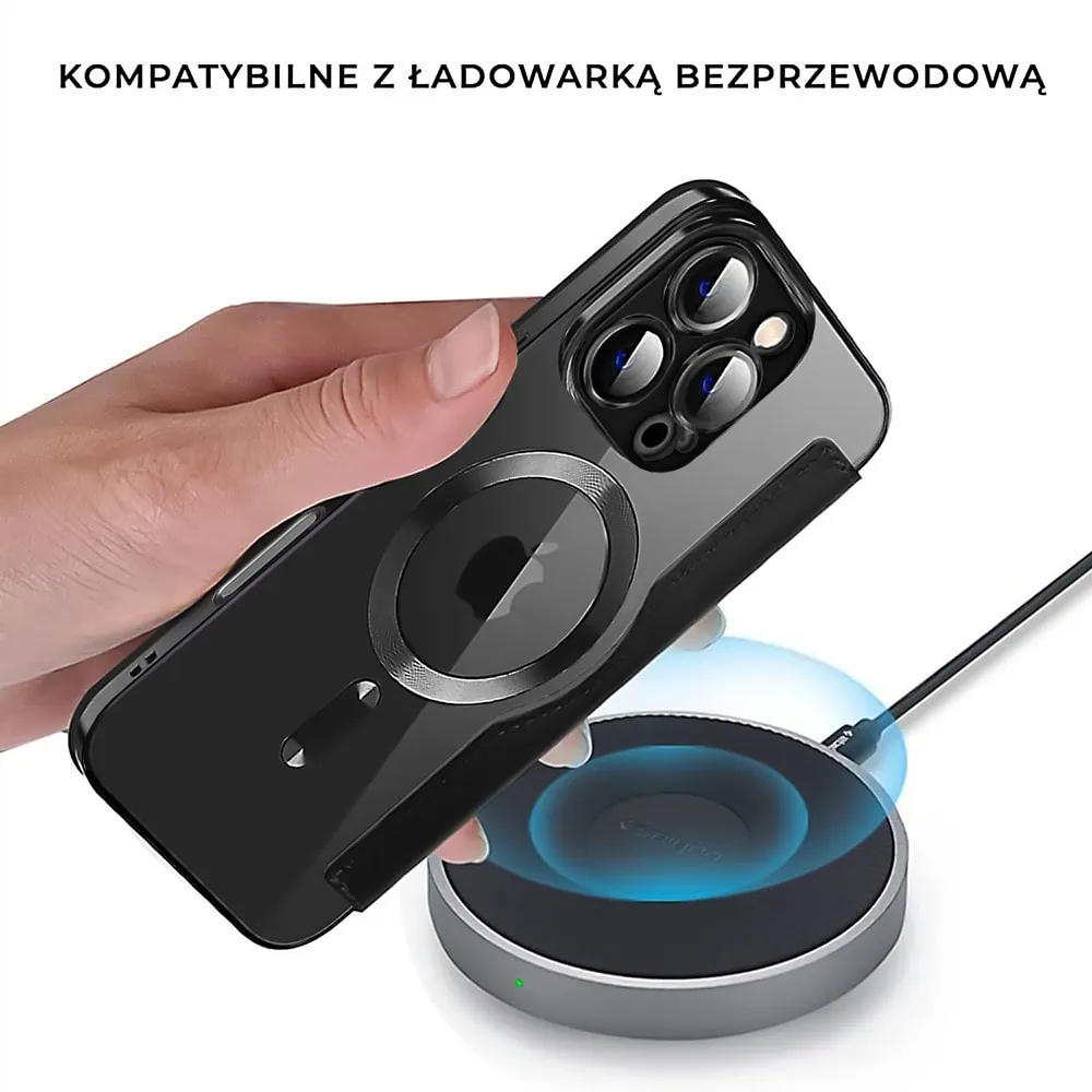 Etui do iPhone 16 Pro typu książka Book Magsafe Lens Protect, z klapką, czarne (OUTLET)