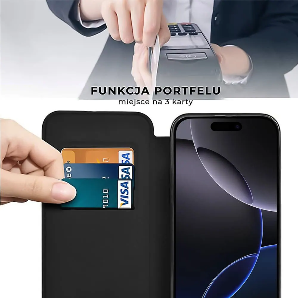 Etui do iPhone 16 Pro typu książka Book Magsafe Lens Protect, z klapką, czarne (OUTLET)