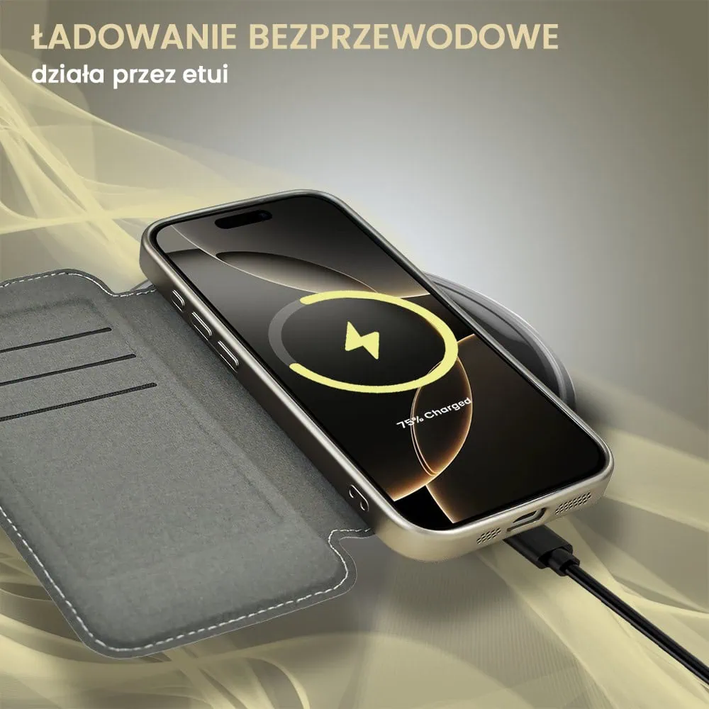 Etui do iPhone 16 Pro typu książka Book Magsafe Lens Protect, z klapką, tytanowe (OUTLET)