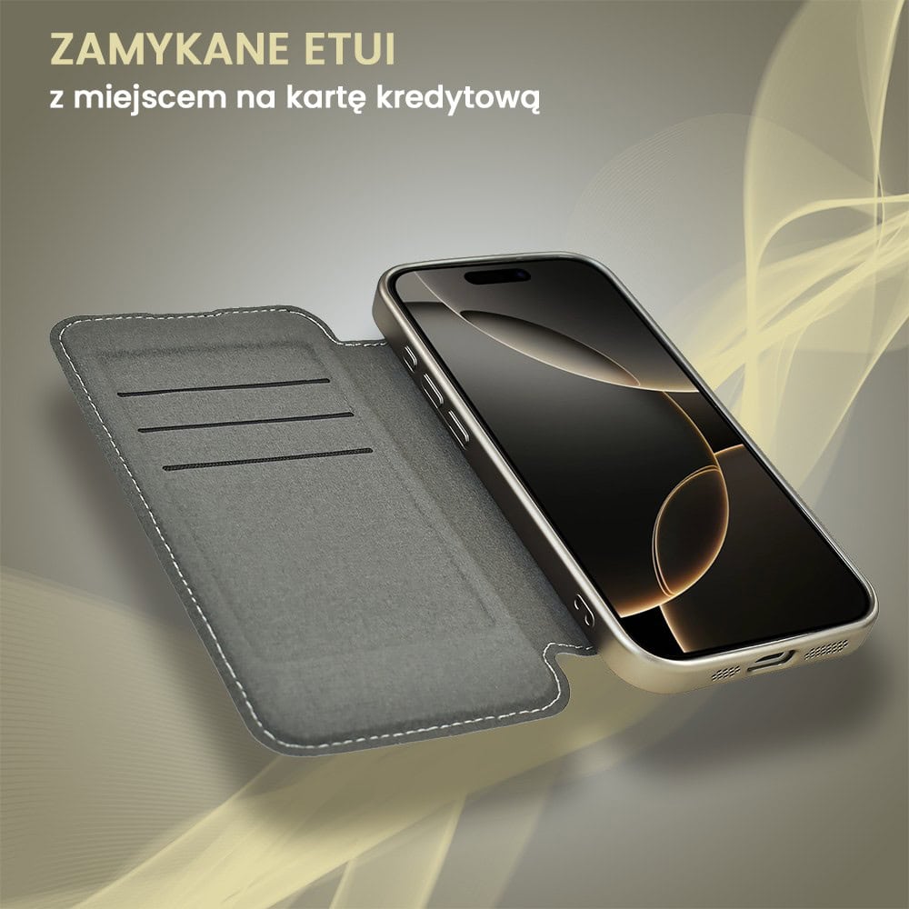 Etui do iPhone 16 Pro typu książka Book Magsafe Lens Protect, z klapką, tytanowe (OUTLET)
