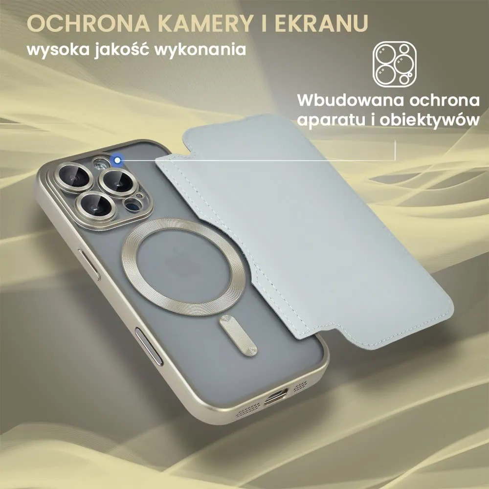 Etui do iPhone 16 Pro typu książka Book Magsafe Lens Protect, z klapką, tytanowe (OUTLET)