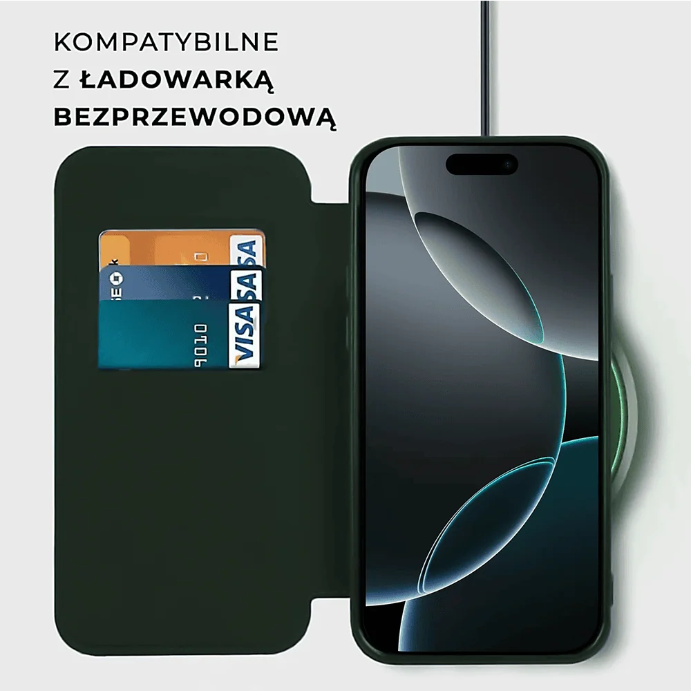 Etui do iPhone 16 Pro typu książka Book Magsafe Lens Protect, z klapką, zielone (OUTLET)