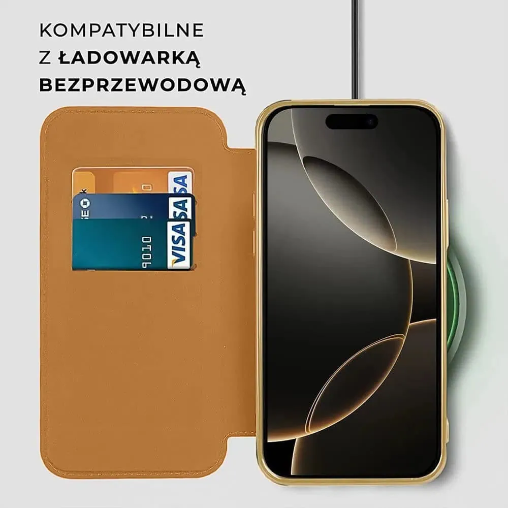 Etui do iPhone 16 Pro Max typu książka Book Magsafe Lens Protect, z klapką, złote (OUTLET)