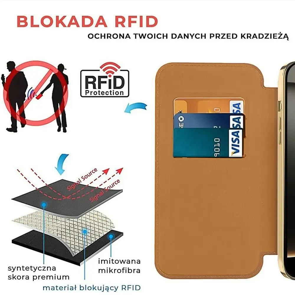 Etui do iPhone 16 Pro Max typu książka Book Magsafe Lens Protect, z klapką, złote (OUTLET)