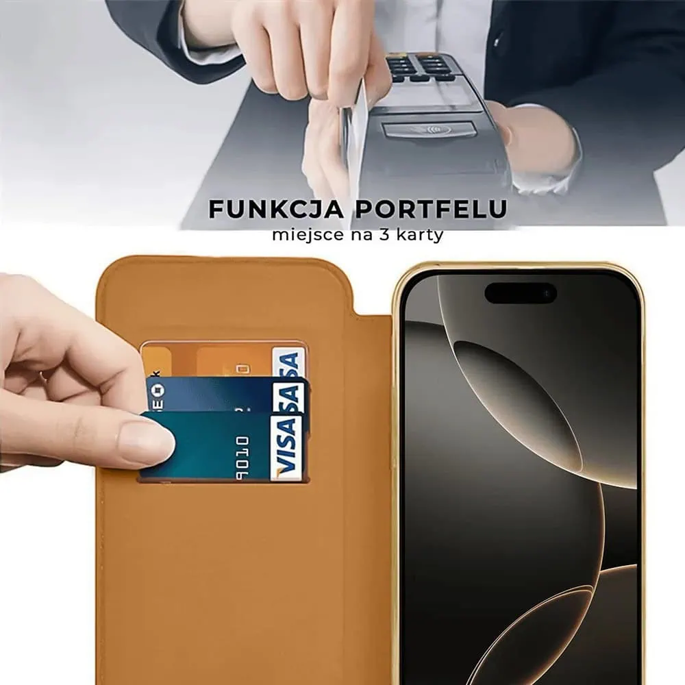 Etui do iPhone 16 Pro Max typu książka Book Magsafe Lens Protect, z klapką, złote (OUTLET)