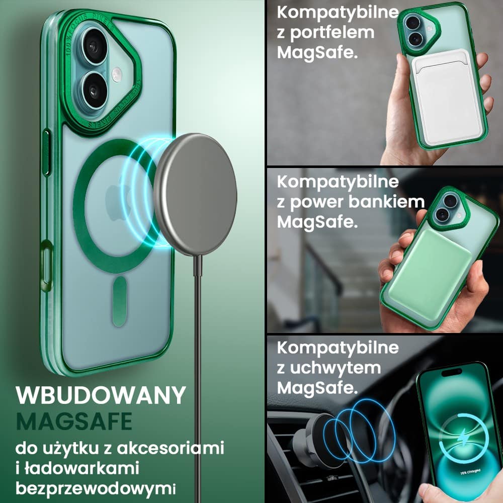 Etui do iPhone 16 Plus cienkie, elastyczne, wzmocniona ramka, Titanium Finish, zielone