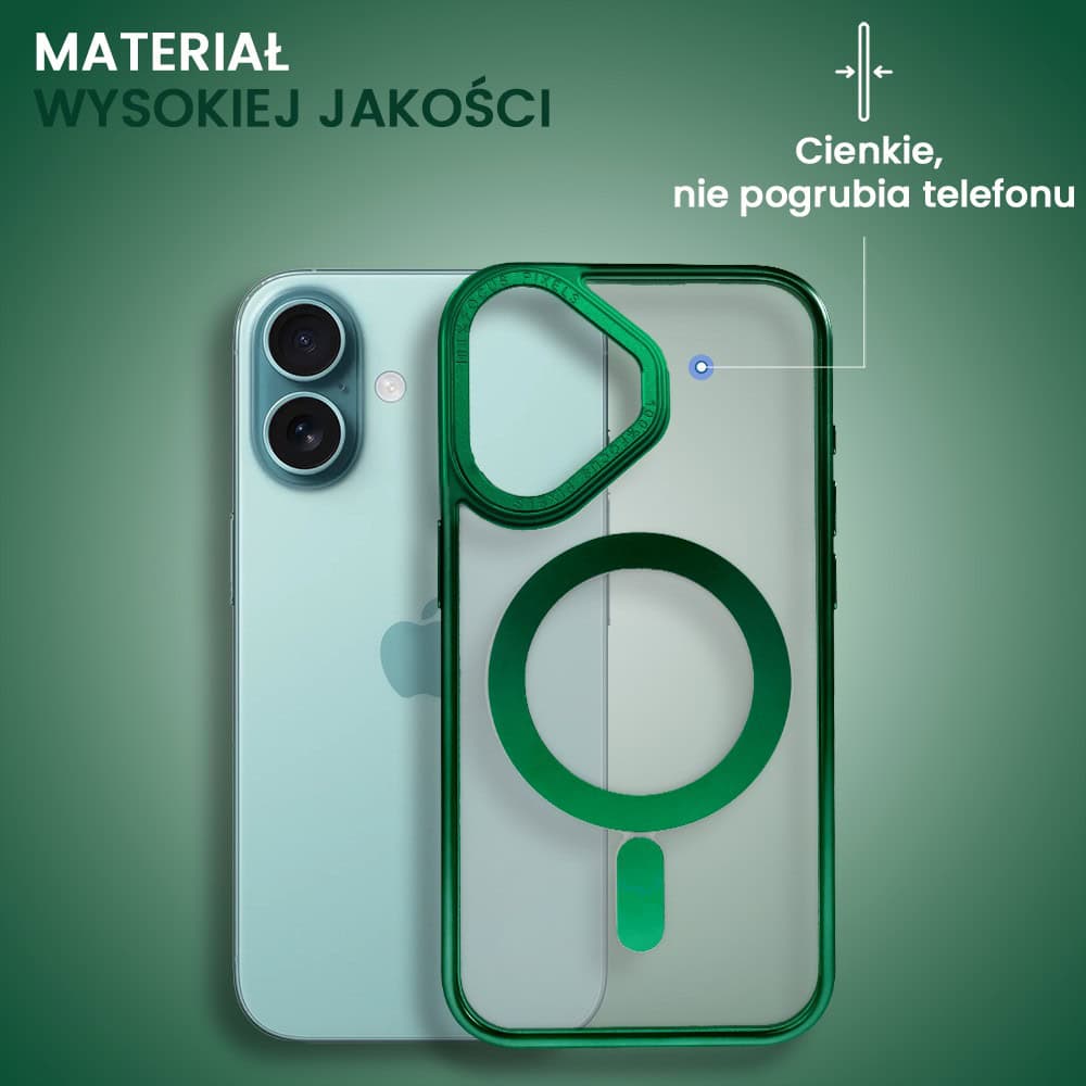 Etui do iPhone 16 Plus cienkie, elastyczne, wzmocniona ramka, Titanium Finish, zielone