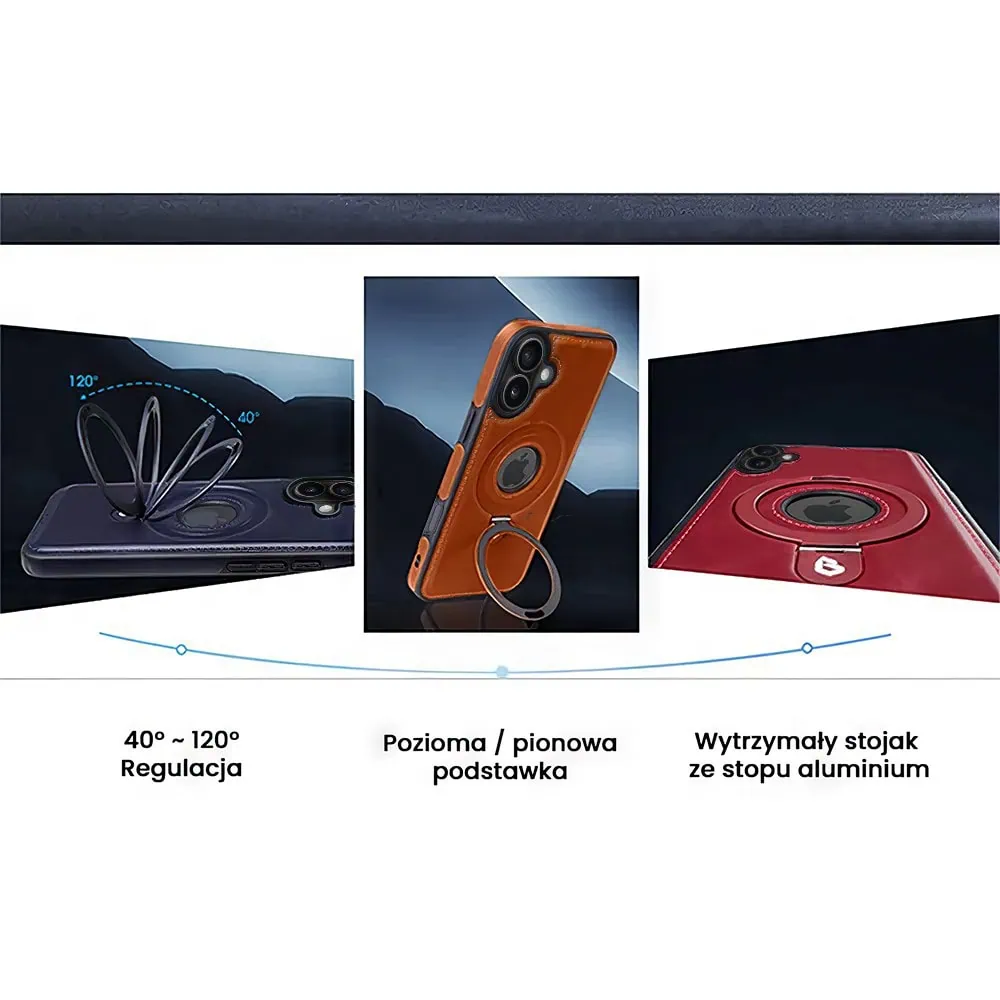 Etui do iPhone 16 Slim Leather MagSafe Stand z podstawką i widocznym logo, brązowe