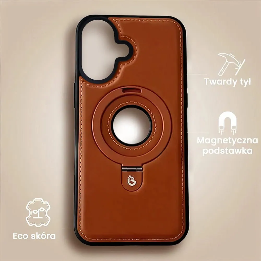 Etui do iPhone 16 Slim Leather MagSafe Stand z podstawką i widocznym logo, brązowe