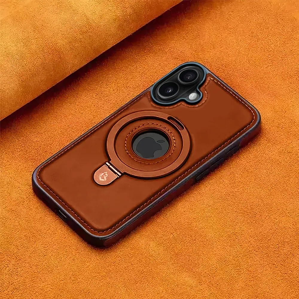 Etui do iPhone 16 Slim Leather MagSafe Stand z podstawką i widocznym logo, brązowe