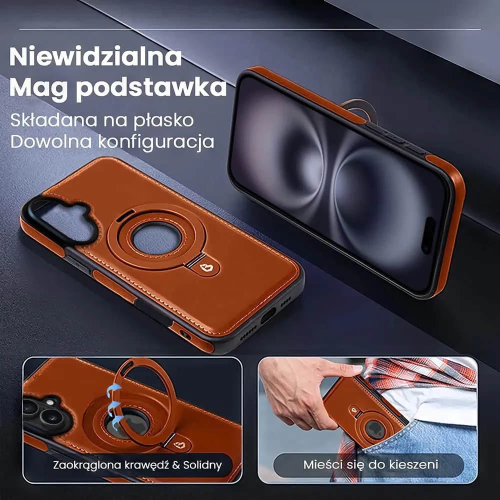 Etui do iPhone 16 Slim Leather MagSafe Stand z podstawką i widocznym logo, brązowe