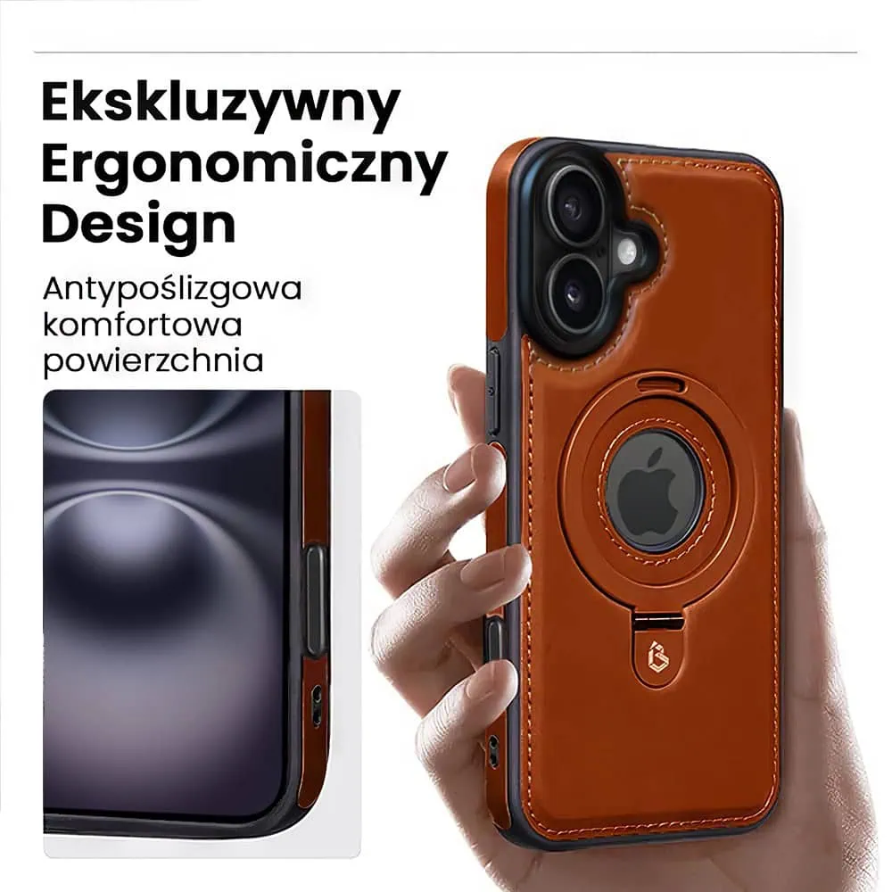 Etui do iPhone 16 Slim Leather MagSafe Stand z podstawką i widocznym logo, brązowe