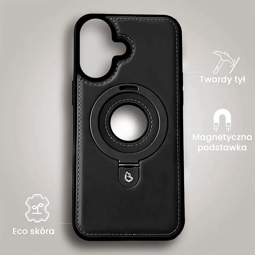 Etui do iPhone 16 Plus Slim Leather MagSafe Stand z podstawką i widocznym logo, czarne