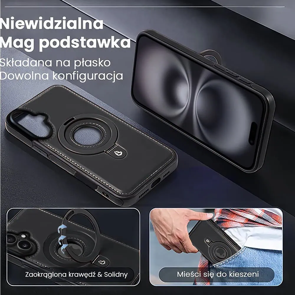 Etui do iPhone 16 Plus Slim Leather MagSafe Stand z podstawką i widocznym logo, czarne