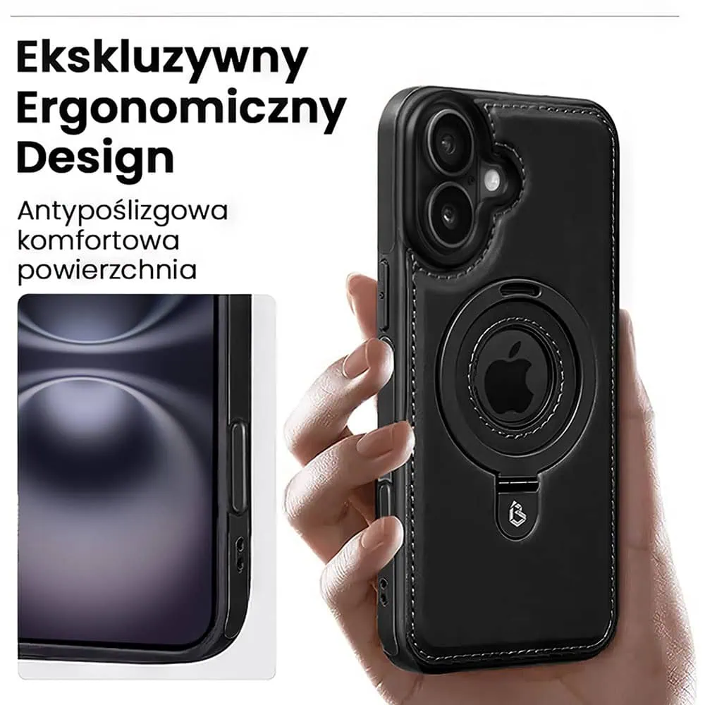 Etui do iPhone 16 Plus Slim Leather MagSafe Stand z podstawką i widocznym logo, czarne