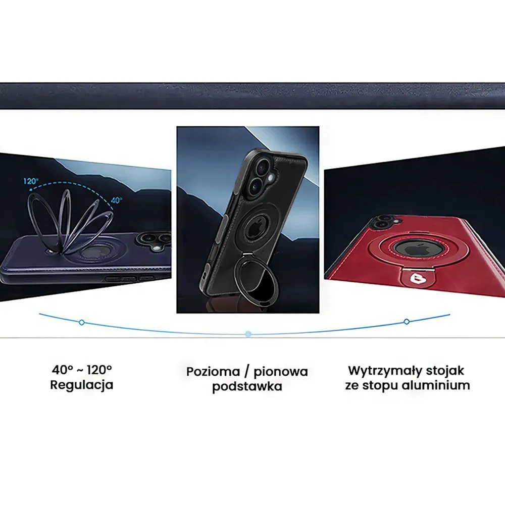 Etui do iPhone 16 Plus Slim Leather MagSafe Stand z podstawką i widocznym logo, czarne