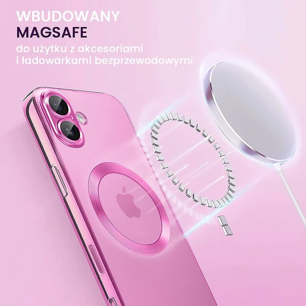 Etui do iPhone 16 Slim Protect Full Cover MagSafe Hard Back, twardy tył, przeźroczyste, różowe