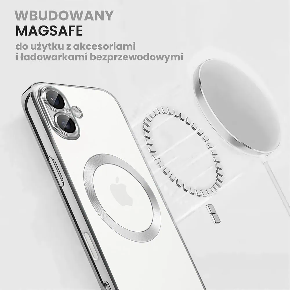 Etui do iPhone 16 Slim Protect Full Cover MagSafe Hard Back, twardy tył, przeźroczyste, srebrne