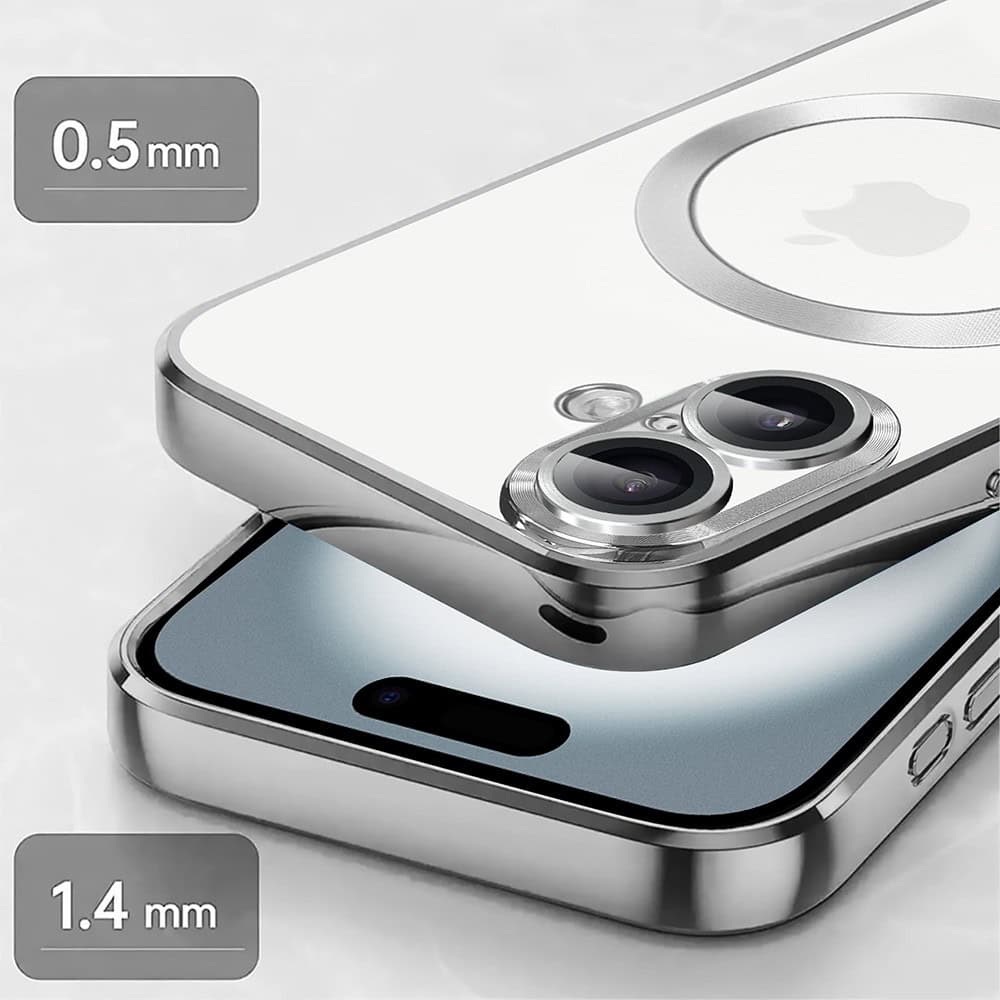 Etui do iPhone 16 Slim Protect Full Cover MagSafe Hard Back, twardy tył, przeźroczyste, srebrne