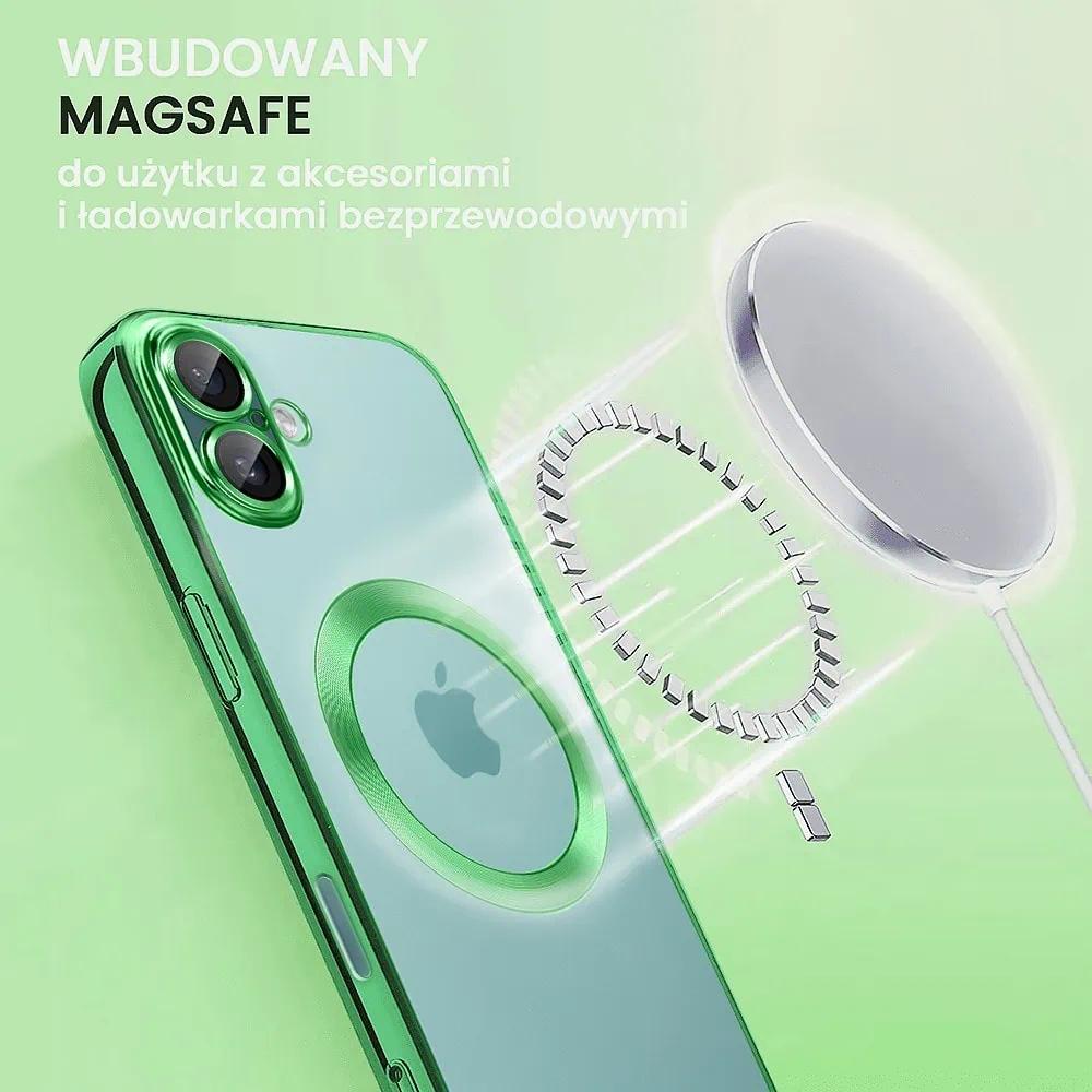 Etui do iPhone 16 Plus Slim Protect Full Cover MagSafe Hard Back, twardy tył, przeźroczyste, zielone