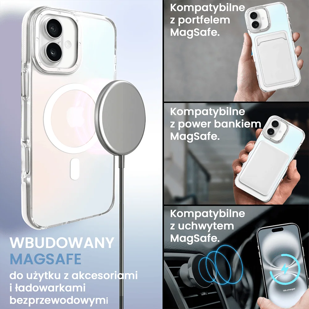 Etui do iPhone 16 Sunrise Fusion Grip z MagSafe, nieślizgające, metalowa osłona, białe