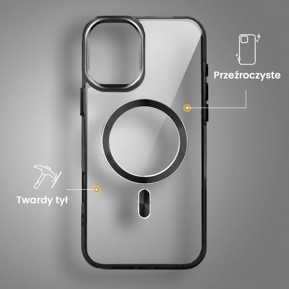 Etui do iPhone 16 Super Hybrid z MagSafe, twardy tył, metalowe ozdoby, czarne
