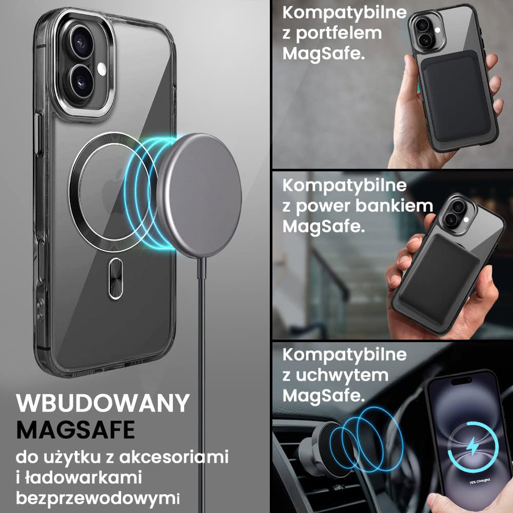 Etui do iPhone 16 Super Hybrid z MagSafe, twardy tył, metalowe ozdoby, czarne