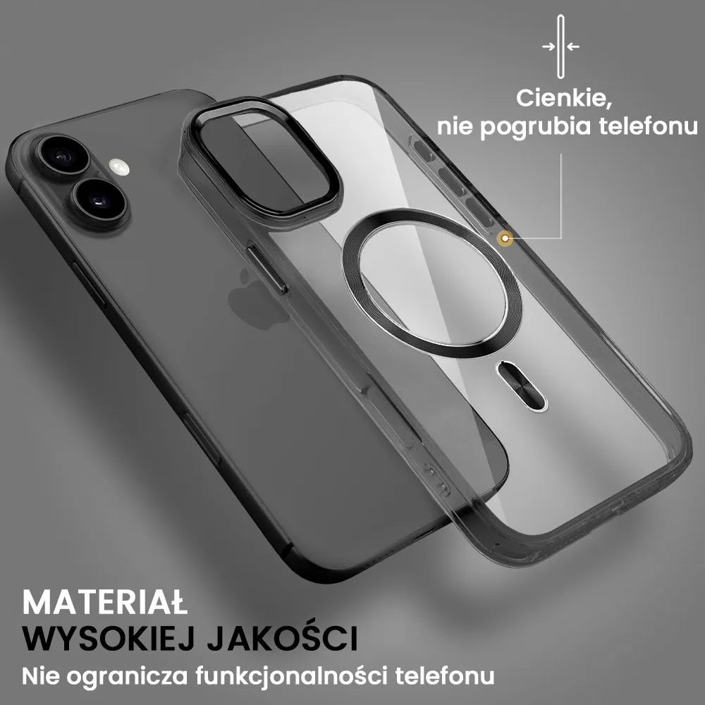 Etui do iPhone 16 Super Hybrid z MagSafe, twardy tył, metalowe ozdoby, czarne