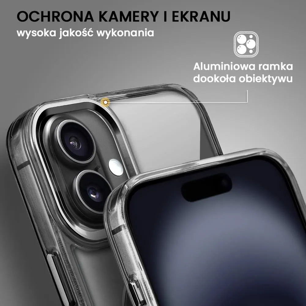 Etui do iPhone 16 Super Hybrid z MagSafe, twardy tył, metalowe ozdoby, czarne