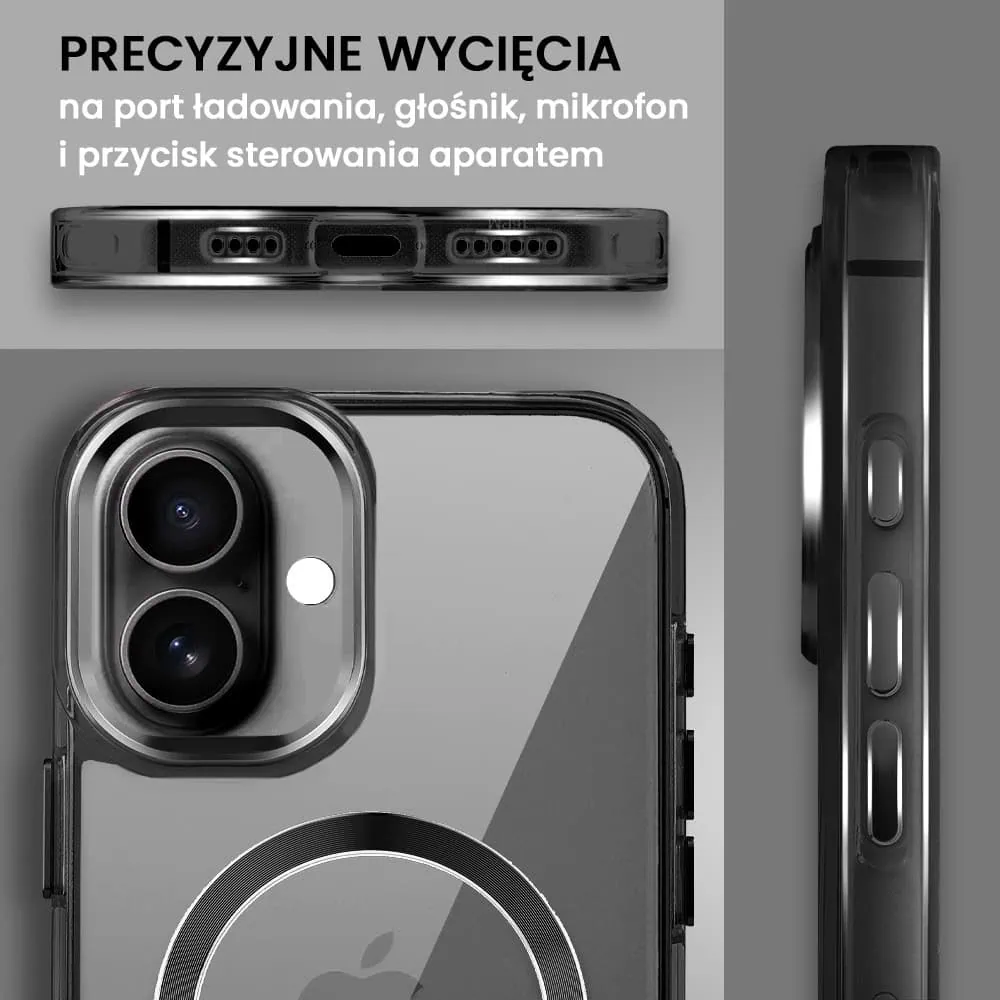 Etui do iPhone 16 Super Hybrid z MagSafe, twardy tył, metalowe ozdoby, czarne