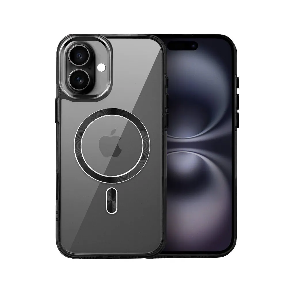 Etui do iPhone 16 Super Hybrid z MagSafe, twardy tył, metalowe ozdoby, czarne