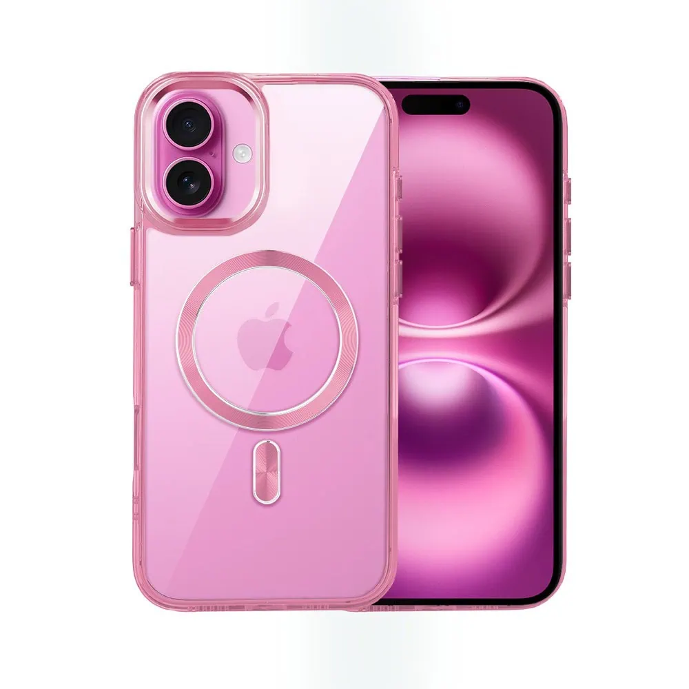 Etui do iPhone 16 Plus Super Hybrid z MagSafe, twardy tył, metalowe ozdoby, różowe