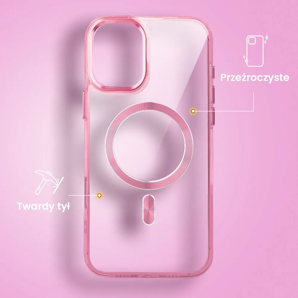 Etui do iPhone 16 Plus Super Hybrid z MagSafe, twardy tył, metalowe ozdoby, różowe
