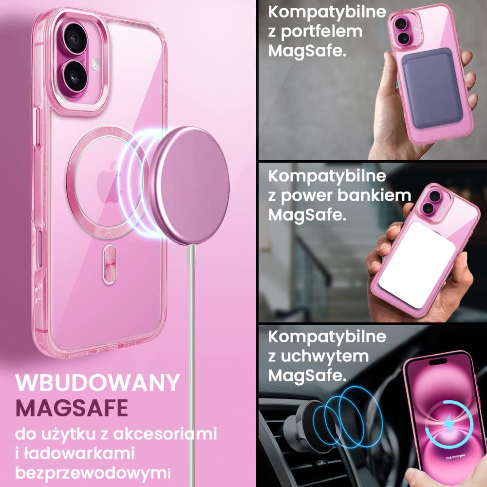 Etui do iPhone 16 Plus Super Hybrid z MagSafe, twardy tył, metalowe ozdoby, różowe