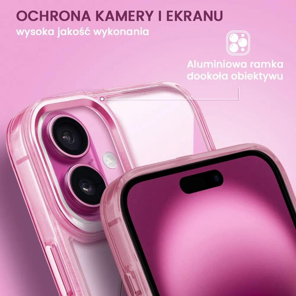 Etui do iPhone 16 Plus Super Hybrid z MagSafe, twardy tył, metalowe ozdoby, różowe