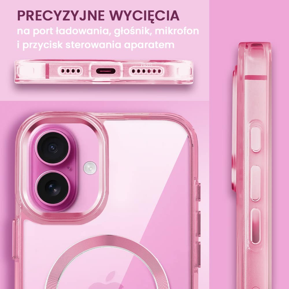 Etui do iPhone 16 Plus Super Hybrid z MagSafe, twardy tył, metalowe ozdoby, różowe