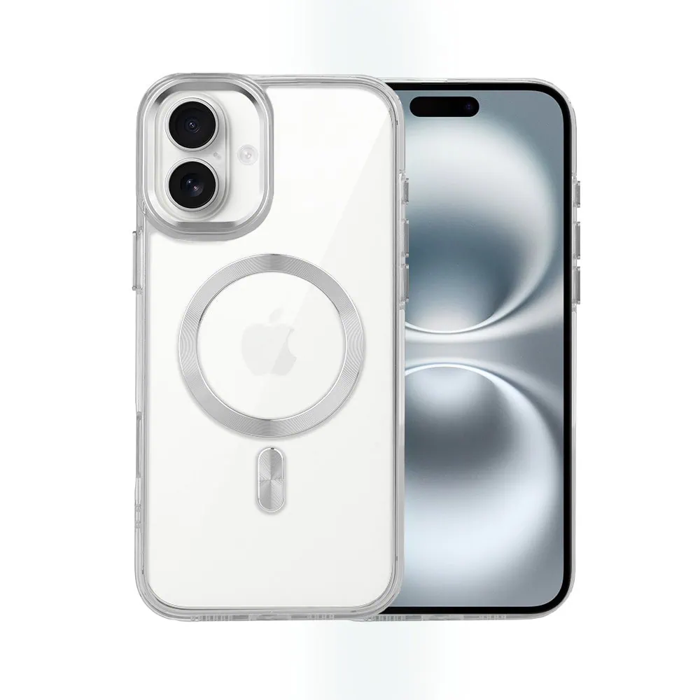 Etui do iPhone 16 Plus Super Hybrid z MagSafe, twardy tył, metalowe ozdoby, srebrne