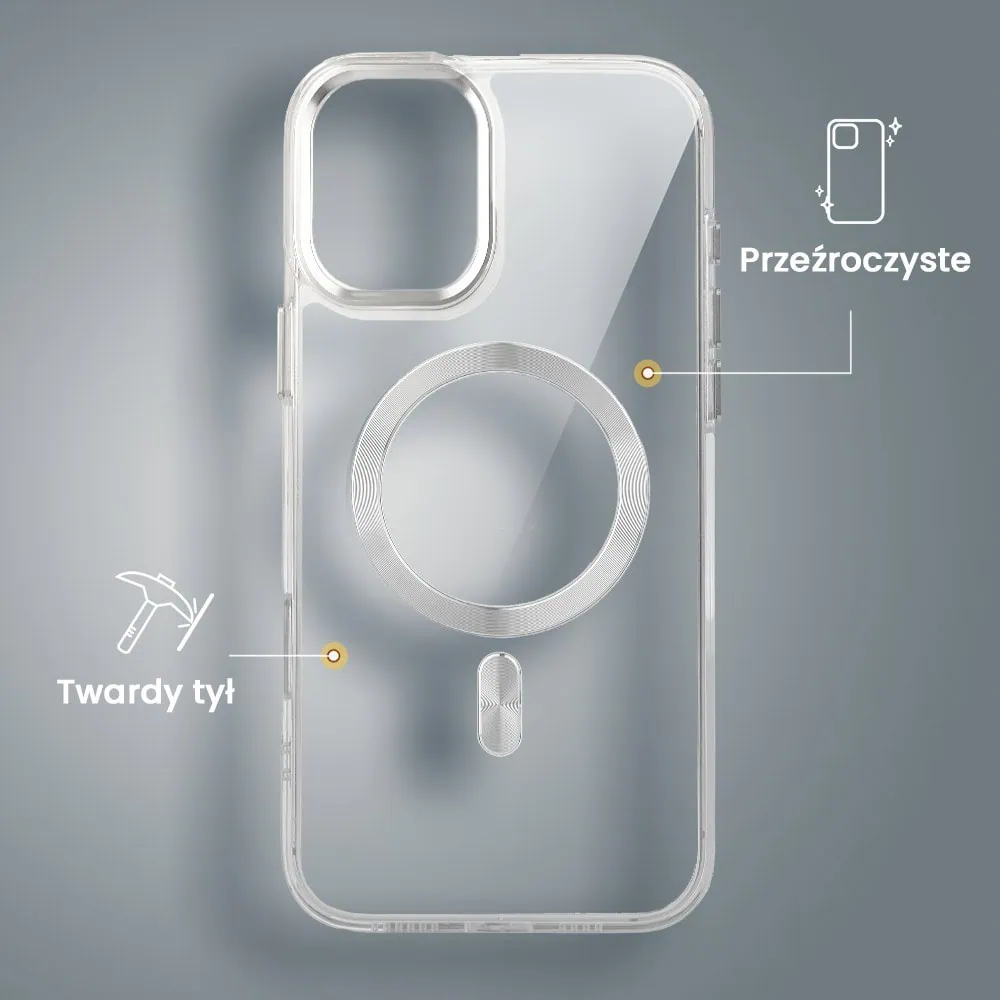 Etui do iPhone 16 Plus Super Hybrid z MagSafe, twardy tył, metalowe ozdoby, srebrne