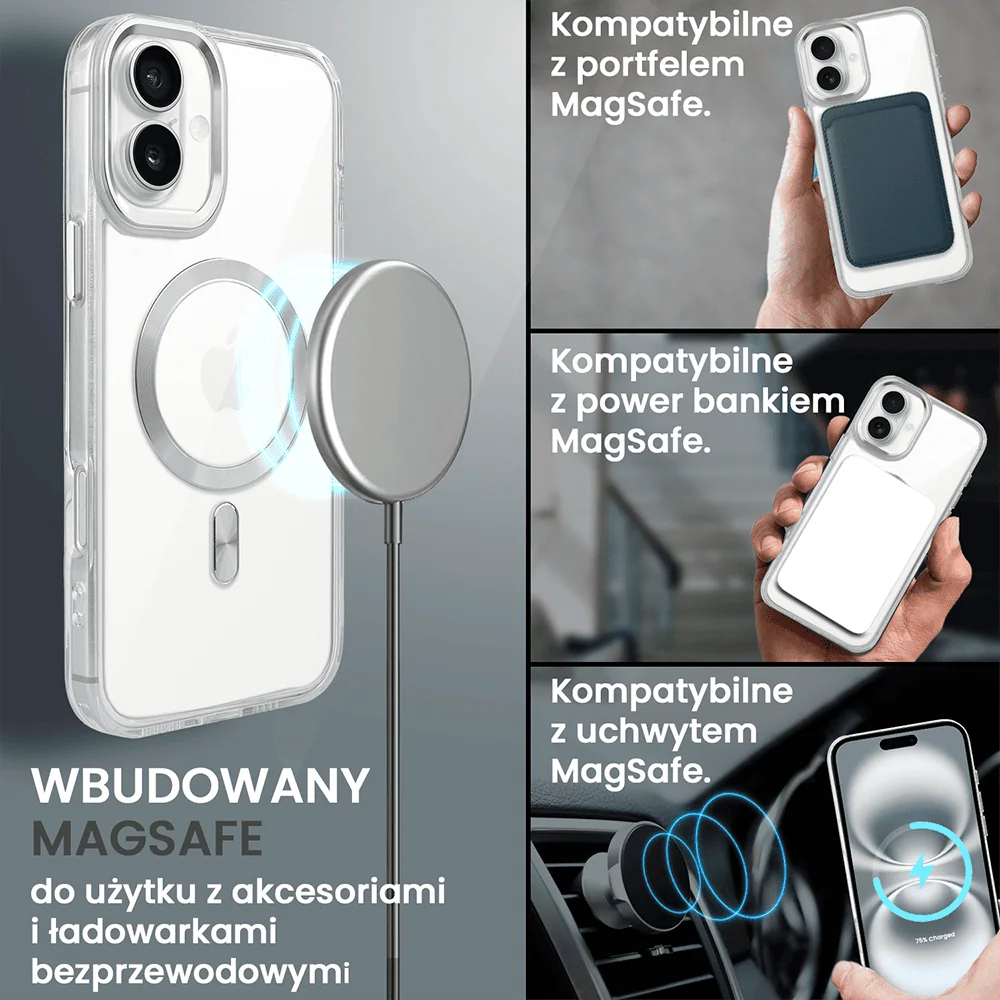 Etui do iPhone 16 Plus Super Hybrid z MagSafe, twardy tył, metalowe ozdoby, srebrne