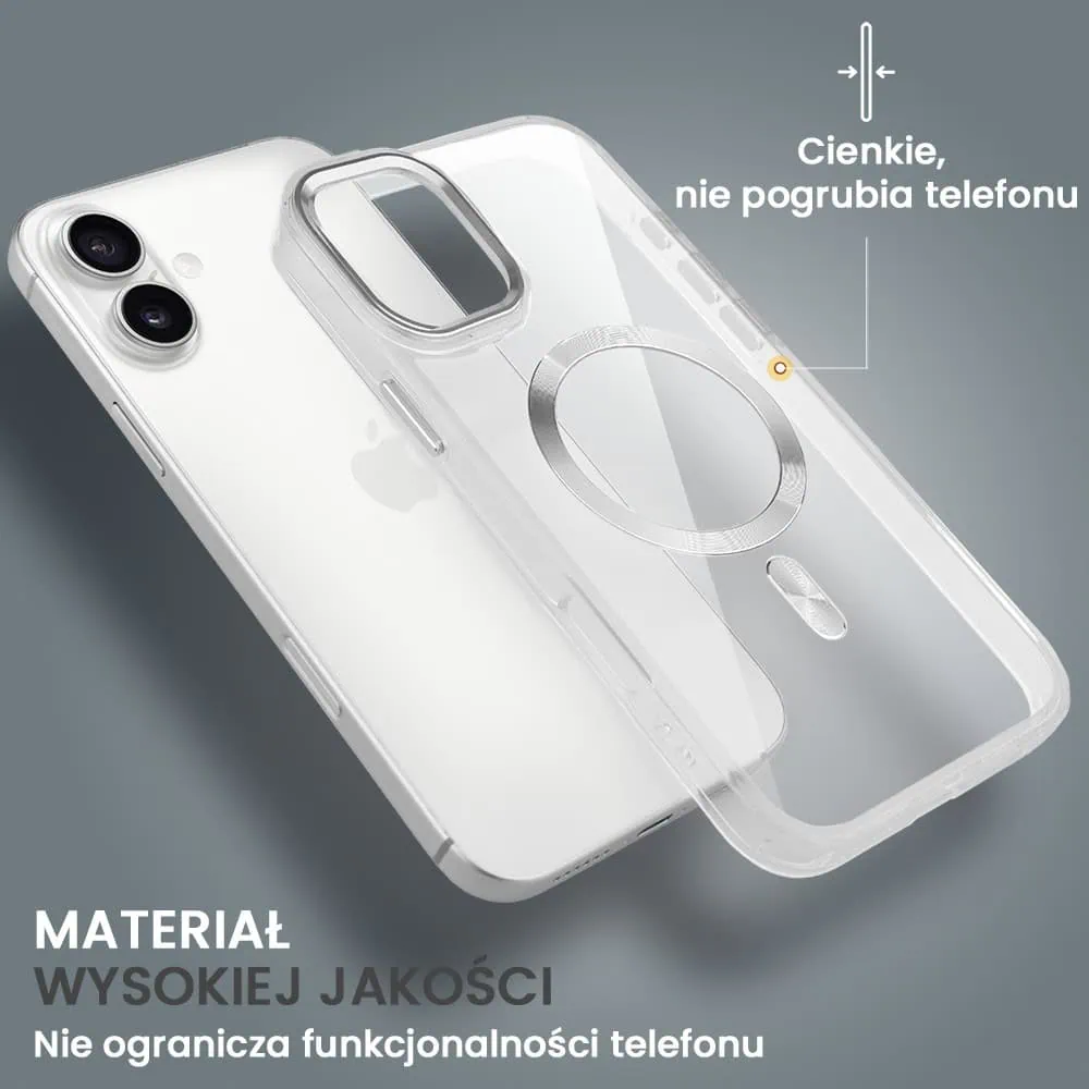 Etui do iPhone 16 Super Hybrid z MagSafe, twardy tył, metalowe ozdoby, srebrne