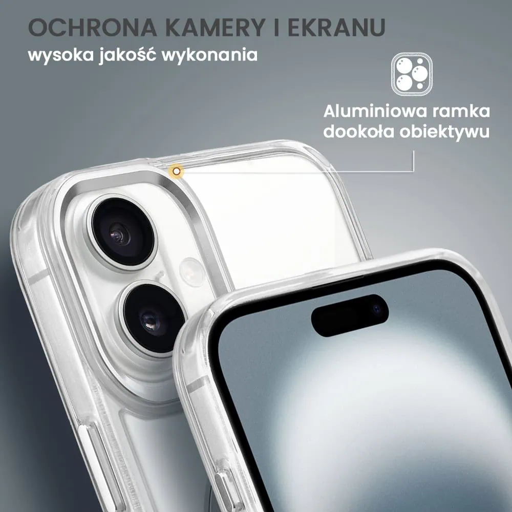 Etui do iPhone 16 Plus Super Hybrid z MagSafe, twardy tył, metalowe ozdoby, srebrne