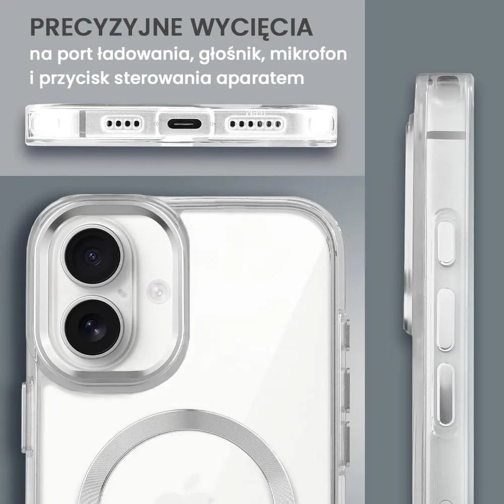 Etui do iPhone 16 Plus Super Hybrid z MagSafe, twardy tył, metalowe ozdoby, srebrne
