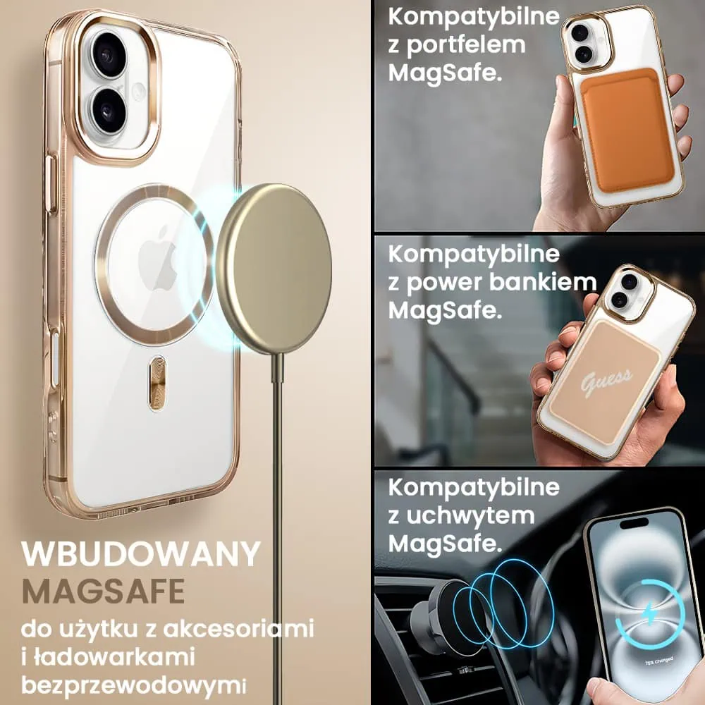 Etui do iPhone 16 Plus Super Hybrid z MagSafe, twardy tył, metalowe ozdoby, tytan pustynny