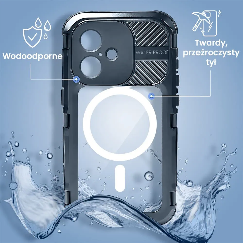Etui do iPhone 16 TOTAL Protect z Magsafe, wodoodporne, metalowe, przeźroczyste, czarne