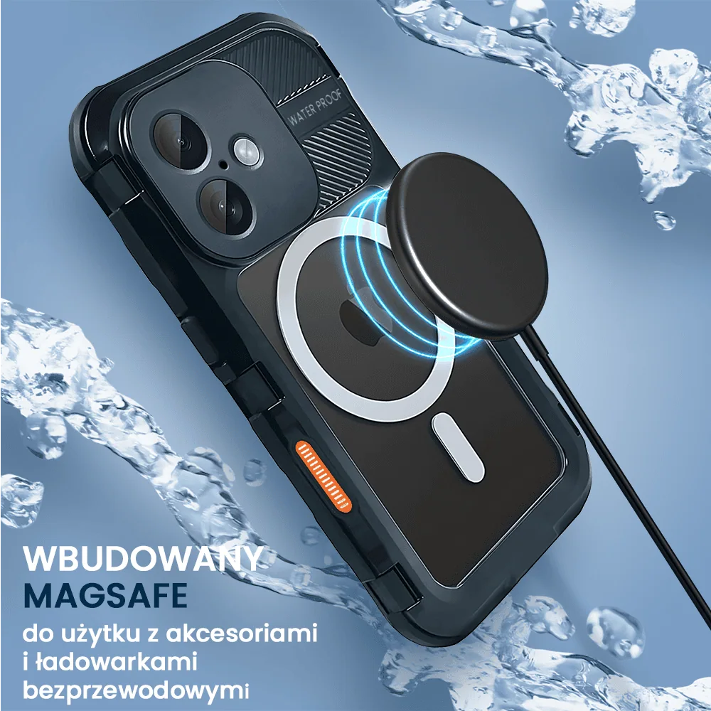 Etui do iPhone 16 TOTAL Protect z Magsafe, wodoodporne, metalowe, przeźroczyste, czarne