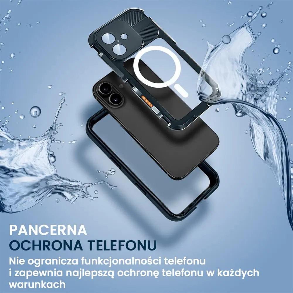 Etui do iPhone 16 TOTAL Protect z Magsafe, wodoodporne, metalowe, przeźroczyste, czarne