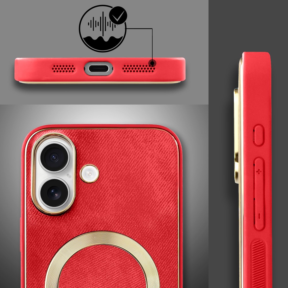 Etui do iPhone 16 Woven MagSafe Luxury, tkanina ze złotymi zdobieniami, czerwone