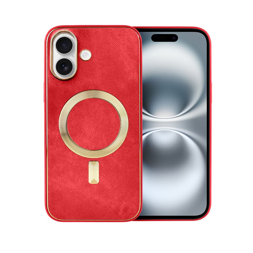 Etui do iPhone 16 Woven MagSafe Luxury, tkanina ze złotymi zdobieniami, czerwone
